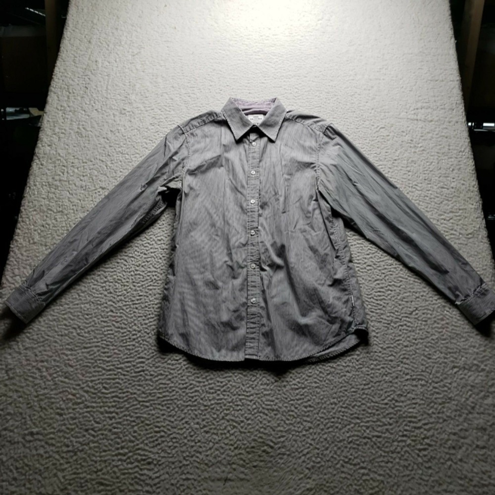 Ben Sherman Shirt Mens Medium Gray Stripe Long Sleeve 100% Cotton Button-Up
